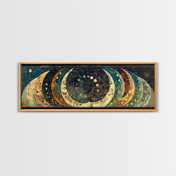 Layered Crescent Moon Abstract Wall Art, Mystical Wall Art, Boho African Inspired Canvas Print, Teal Gold Home Decor Gift