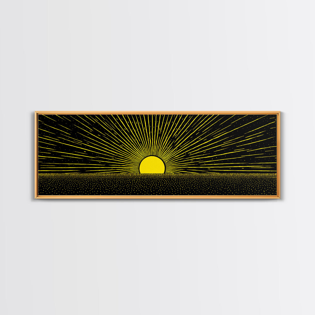 Minimal Golden Sunrise Rays Wall Art, Black And Gold Abstract Landscape, Modern Canvas Decor For Office Or Living Room Gift