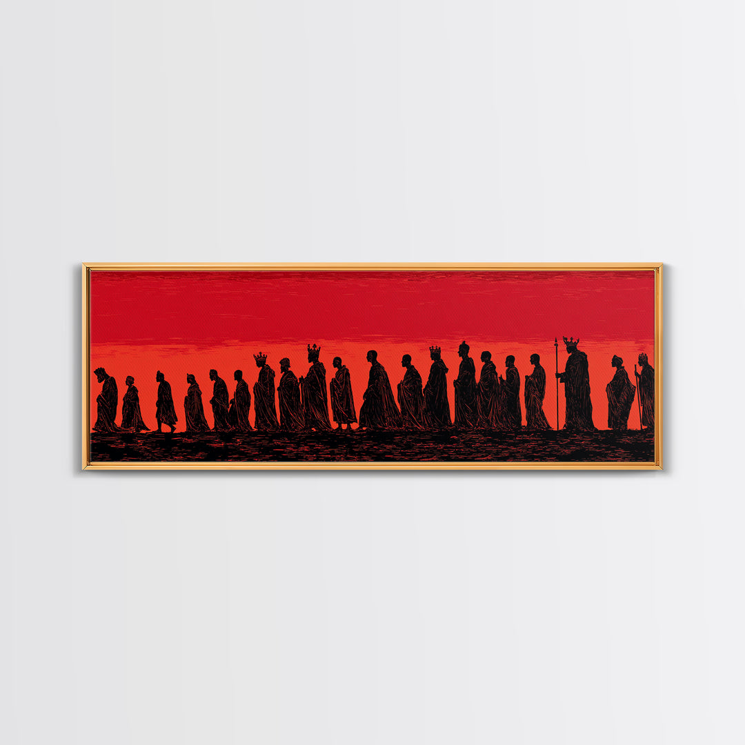Red Sunset African Procession Wall Art, Tribal Silhouette Landscape, Panoramic Black Culture Home Decor For Living Room Gift