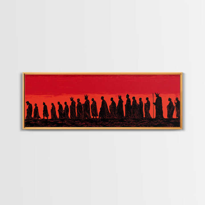 Red Sunset African Procession Wall Art, Tribal Silhouette Landscape, Panoramic Black Culture Home Decor For Living Room Gift
