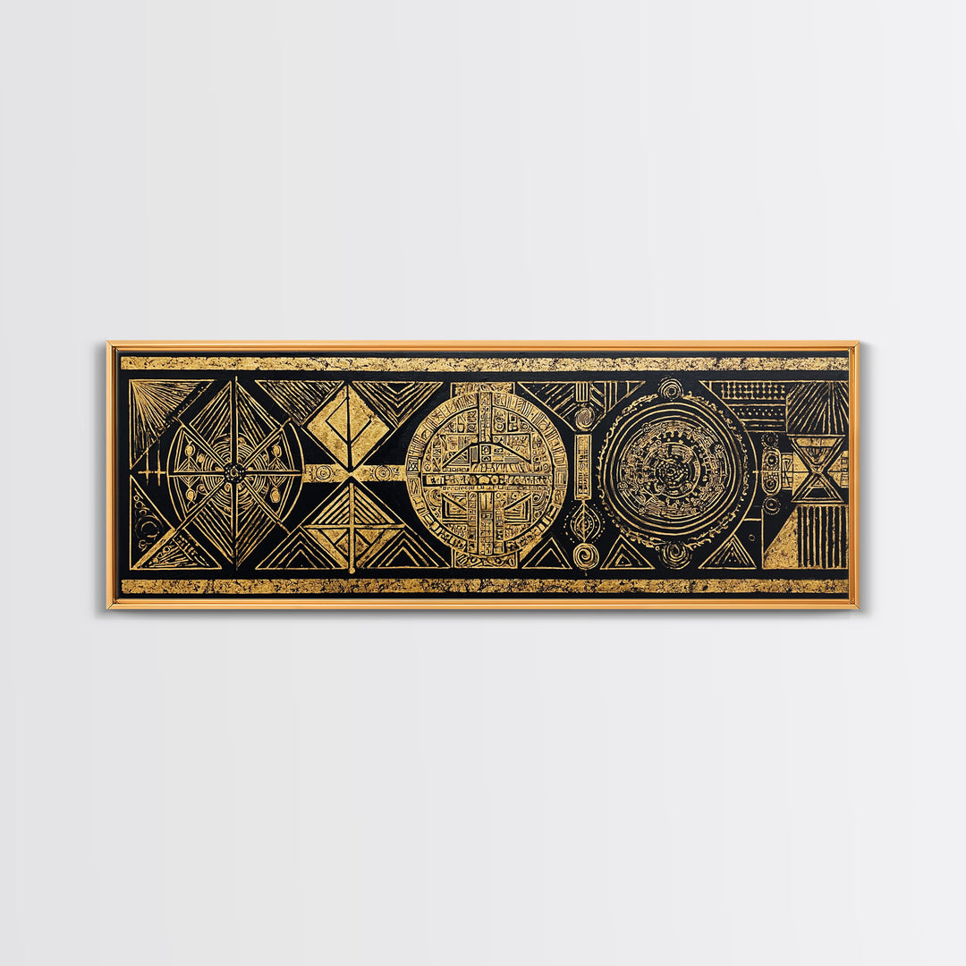Black Gold Tribal Geometry Wall Art, African Patterns Painting, Kuba Inspired Textile Art, Luxury Canvas Decor For Home Gift