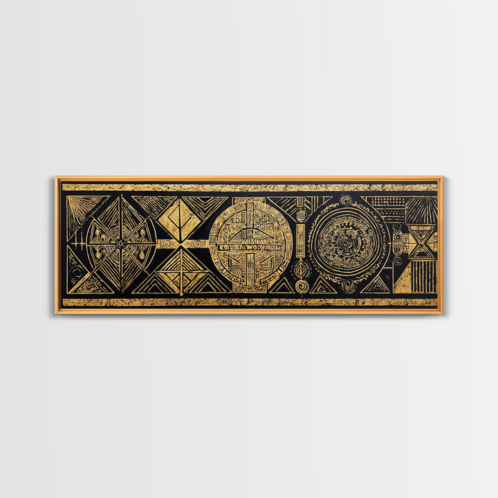 Black Gold Tribal Geometry Wall Art, African Patterns Painting, Kuba Inspired Textile Art, Luxury Canvas Decor For Home Gift