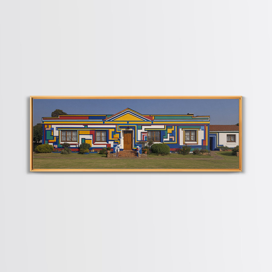 Bright Ndebele House Canvas Print, South African Art Decor, Geometric Pattern Facade, Cultural Wall Decor For Living Room