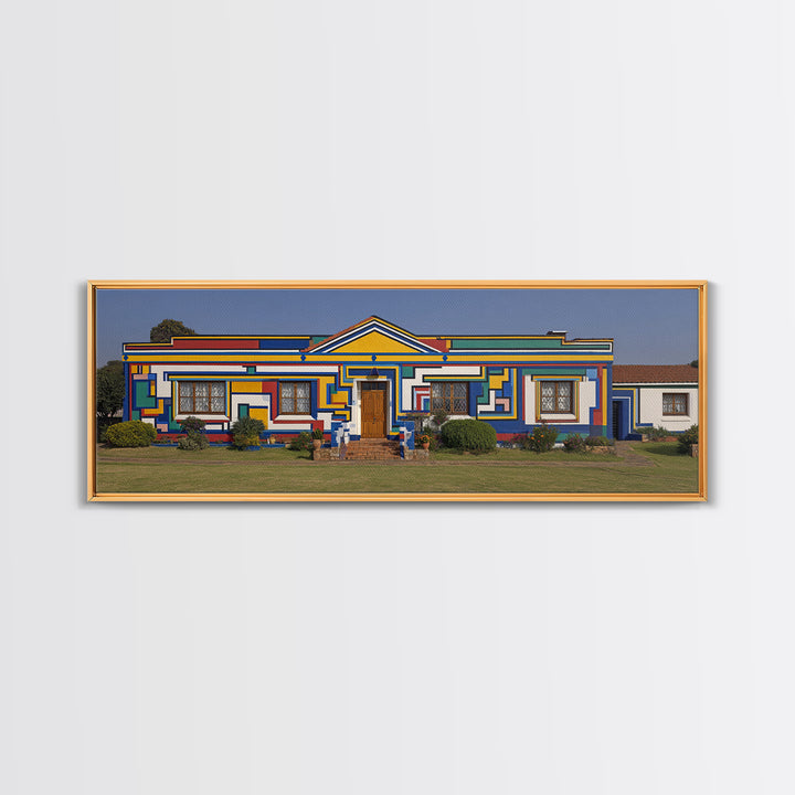 Bright Ndebele House Canvas Print, South African Art Decor, Geometric Pattern Facade, Cultural Wall Decor For Living Room