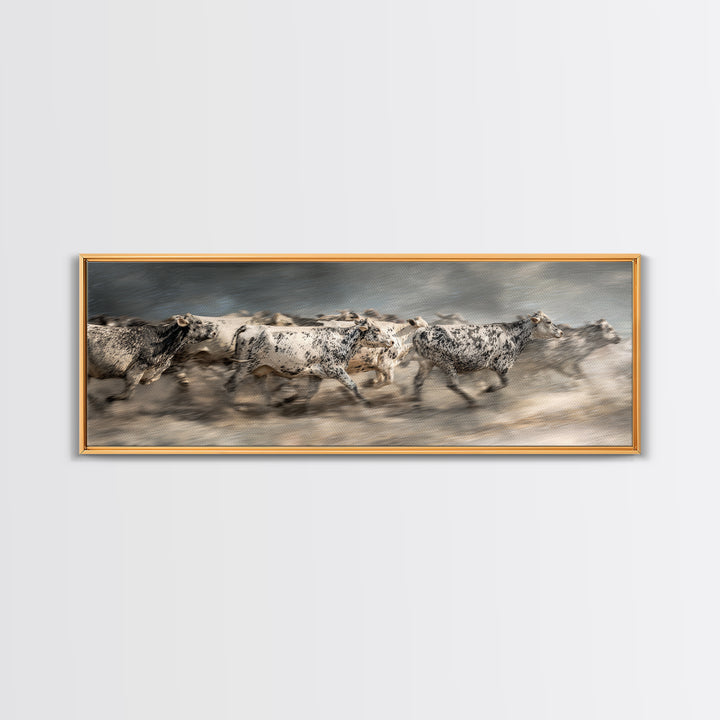 Running Speckled Cattle Wall Art, African Safari Art Print, Neutral Farmhouse Decor, Dramatic Animal Canvas For Home Decor