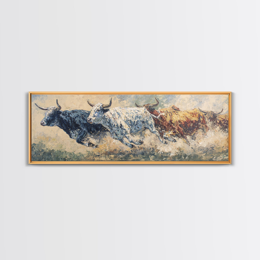 Three Running Bulls Framed Canvas Print, Textured Animal Painting, Rustic Safari Wall Art, Earth Tone Decor For Living Room