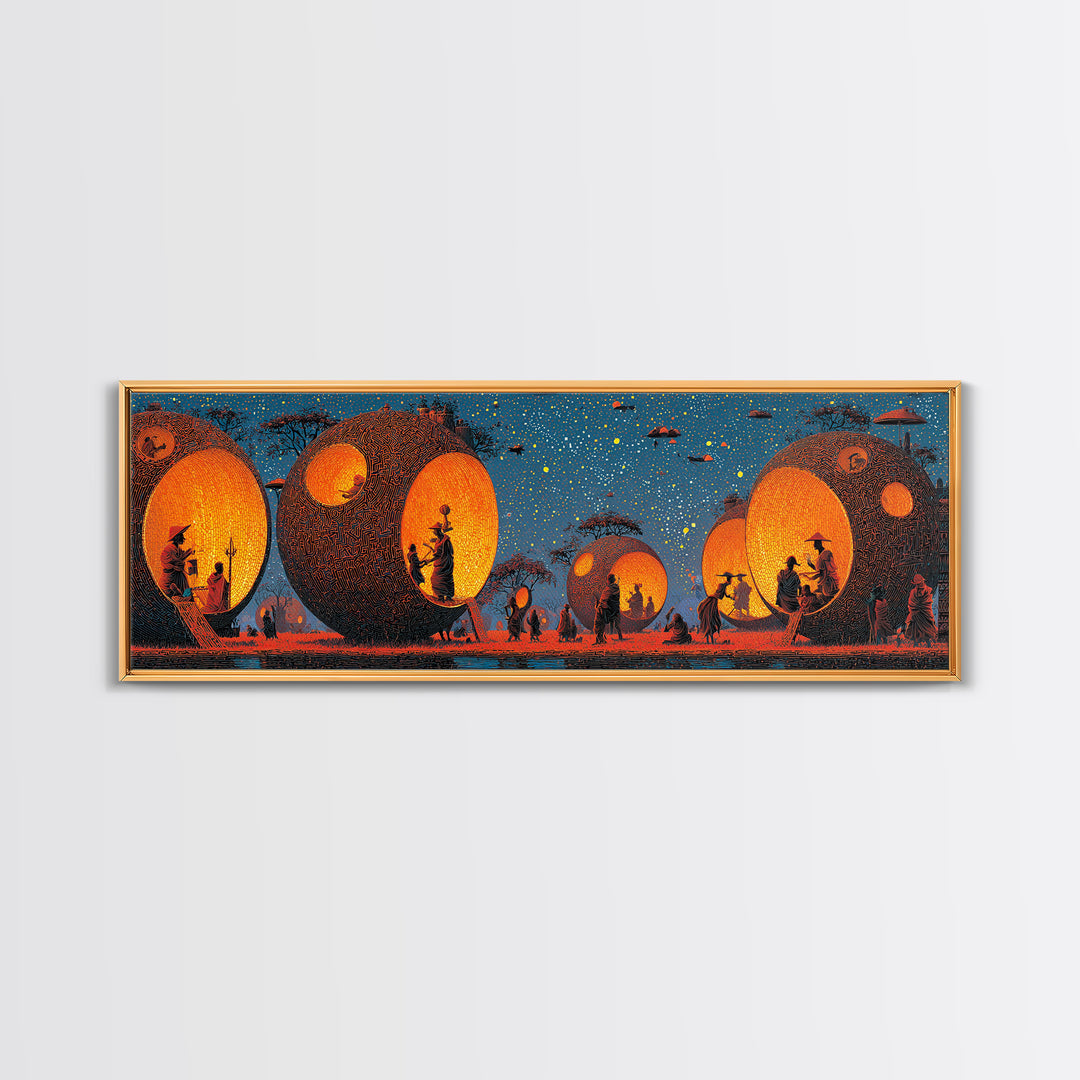 Glowing Spherical Village Canvas Print, African Inspired Wall Art, Orange Decor, Afrocentric Art, Culture Wall Art, Unique Canvas