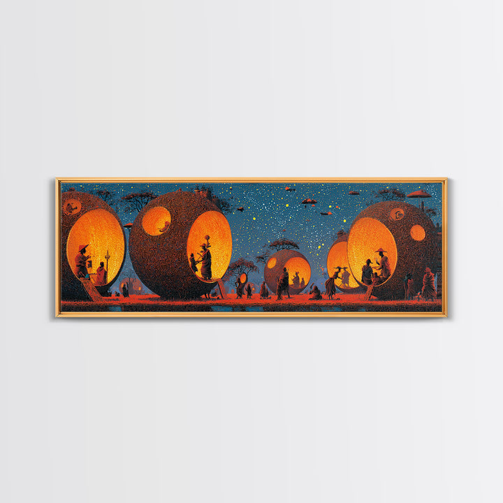 Glowing Spherical Village Canvas Print, African Inspired Wall Art, Orange Decor, Afrocentric Art, Culture Wall Art, Unique Canvas