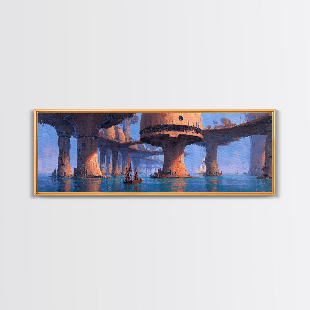 Futuristic Harbor City Canvas Print, Blue Wall Art, Modern Canvas Art, Large Wall Art, Fantasy Landscape Decor, Office Decor