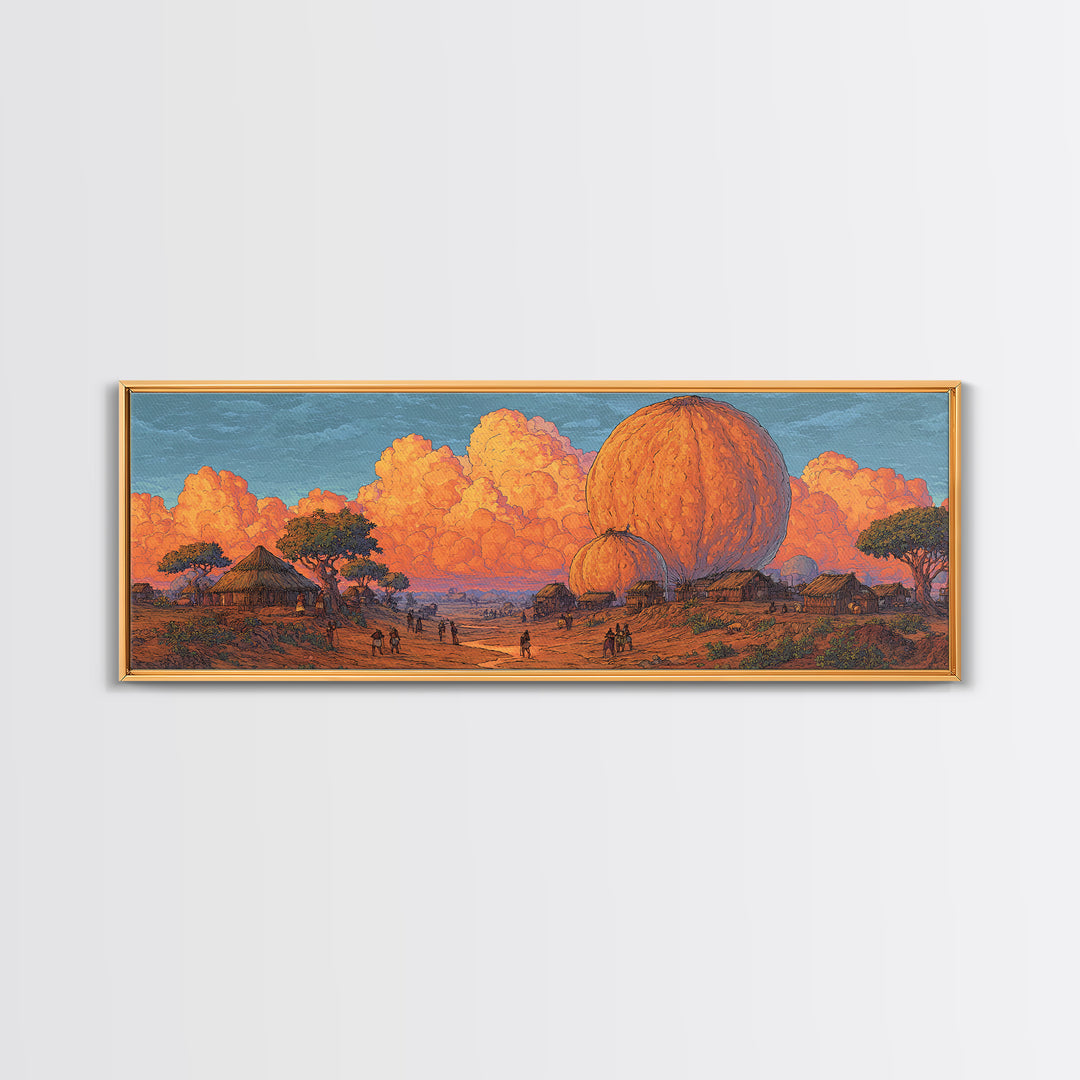 Orange African Savanna Baobab Village Wall Art, Afrocentric Landscape Canvas, Safari Decor, Earth Tone Living Room Print