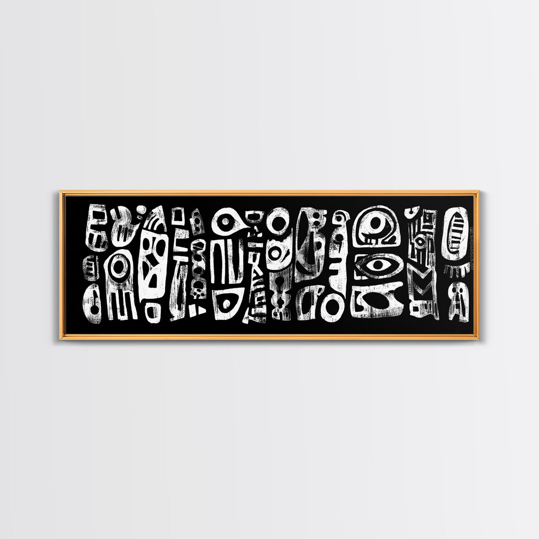 White Abstract African Mask Symbols Canvas Print, Black Tribal Pattern Wall Decor, Afrocentric Modern Art, Ethnic Art Print