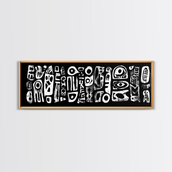 White Abstract African Mask Symbols Canvas Print, Black Tribal Pattern Wall Decor, Afrocentric Modern Art, Ethnic Art Print