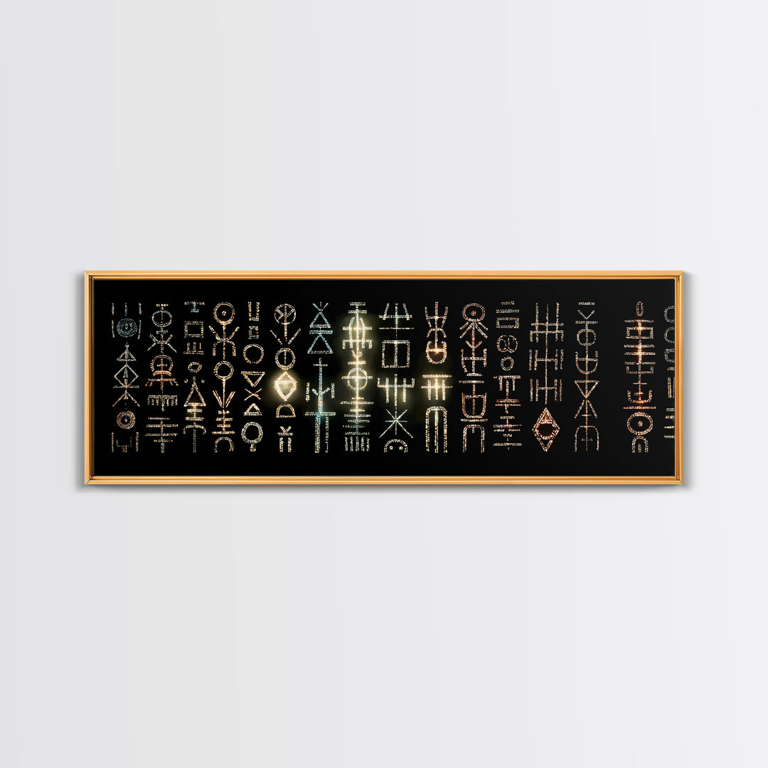 Illuminated African Tribal Icons Wall Art, Gold And Teal Symbol Pattern, Afrocentric Decor, Modern Cultural Art Print Gift
