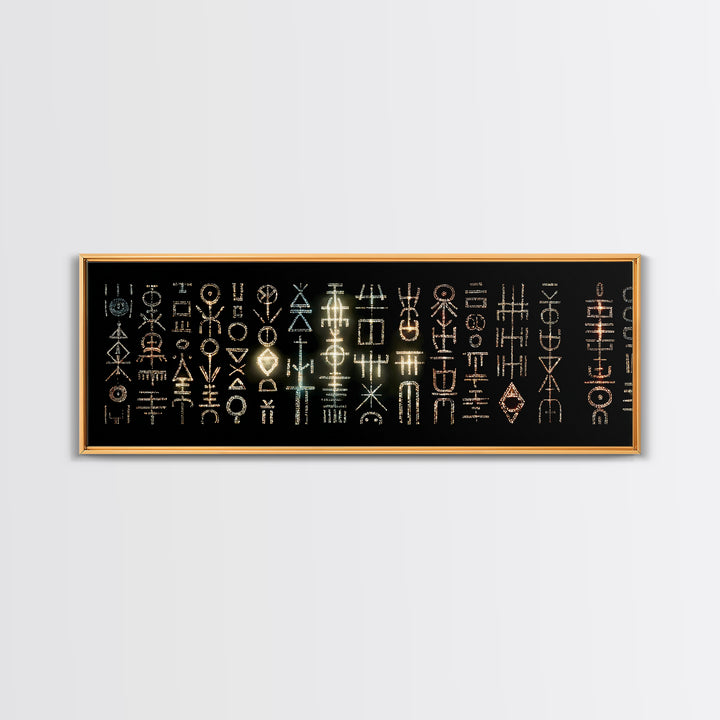 Illuminated African Tribal Icons Wall Art, Gold And Teal Symbol Pattern, Afrocentric Decor, Modern Cultural Art Print Gift