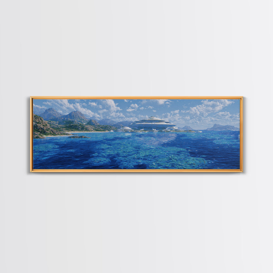 Blue Mediterranean Coast Futuristic Yacht Wall Art, Ocean Landscape Canvas Decor, Luxury Travel Poster, Modern Home Art Print