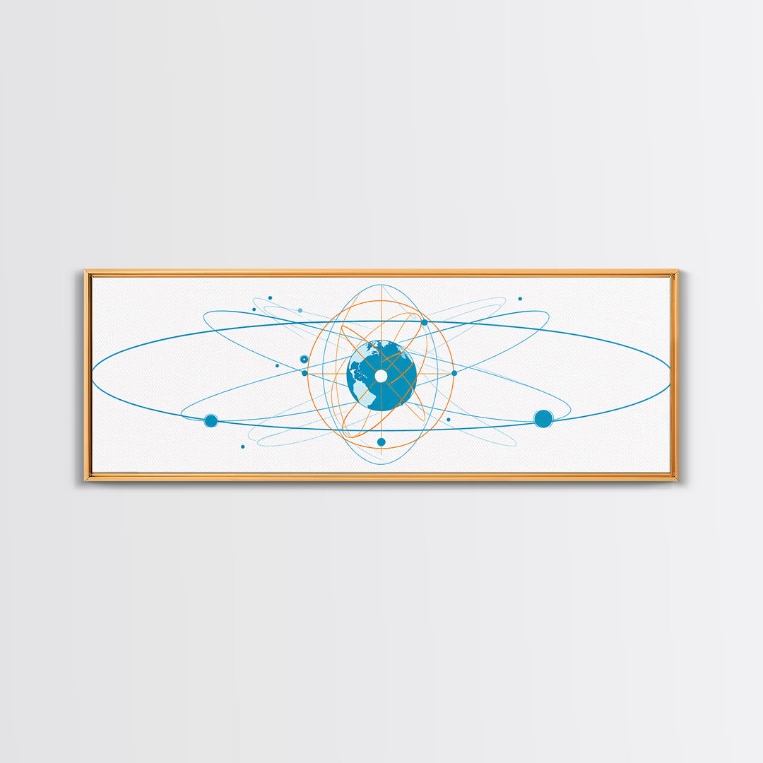 Blue Orange Atomic Globe Orbit Canvas Print, Modern Science Wall Art, Geometric Digital Art, Futuristic Office Decor Print