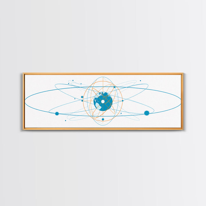 Blue Orange Atomic Globe Orbit Canvas Print, Modern Science Wall Art, Geometric Digital Art, Futuristic Office Decor Print