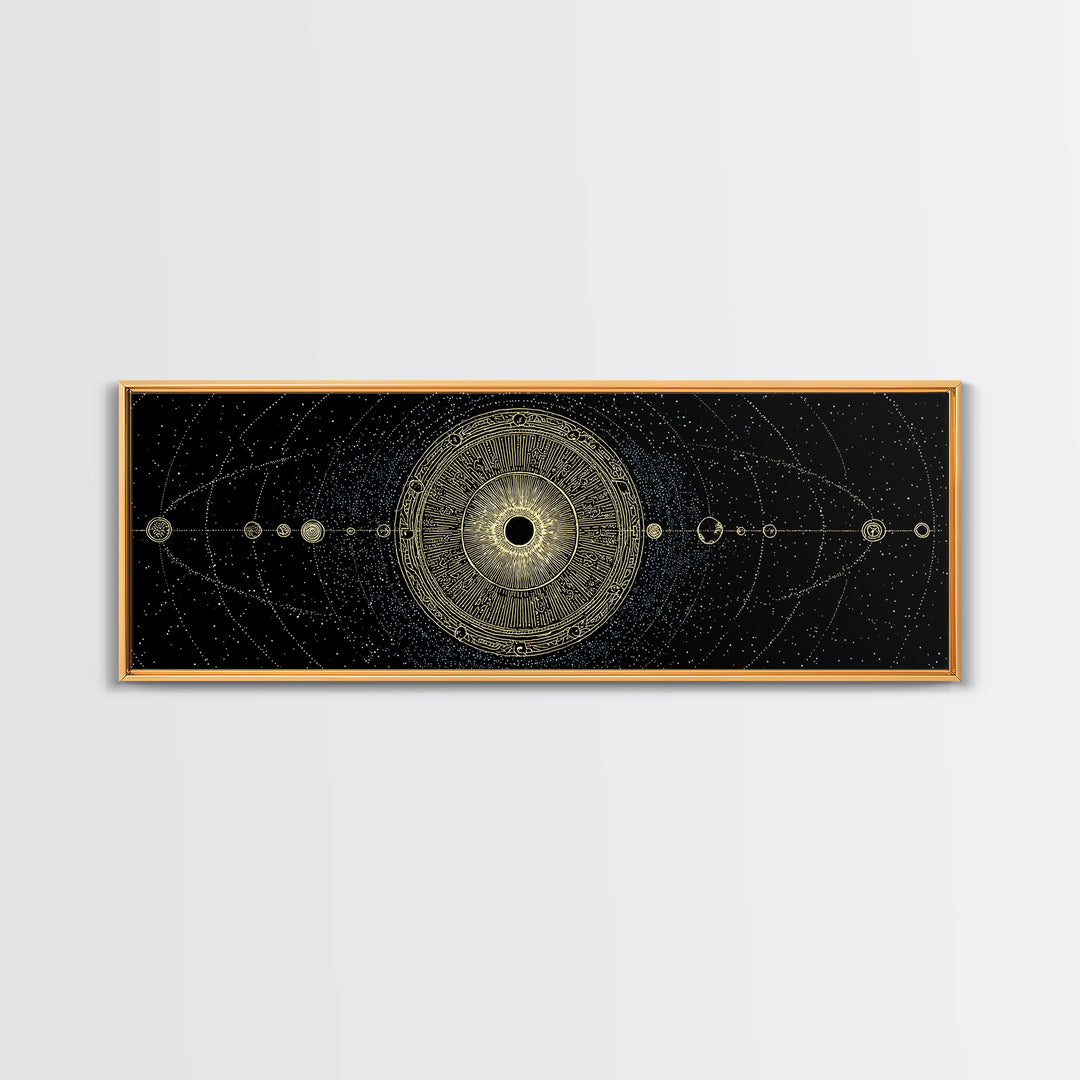 Golden Sacred Geometry Solar System Canvas Print, Celestial Mandala Wall Decor, Luxury Astronomy Poster, Boho Home Decor