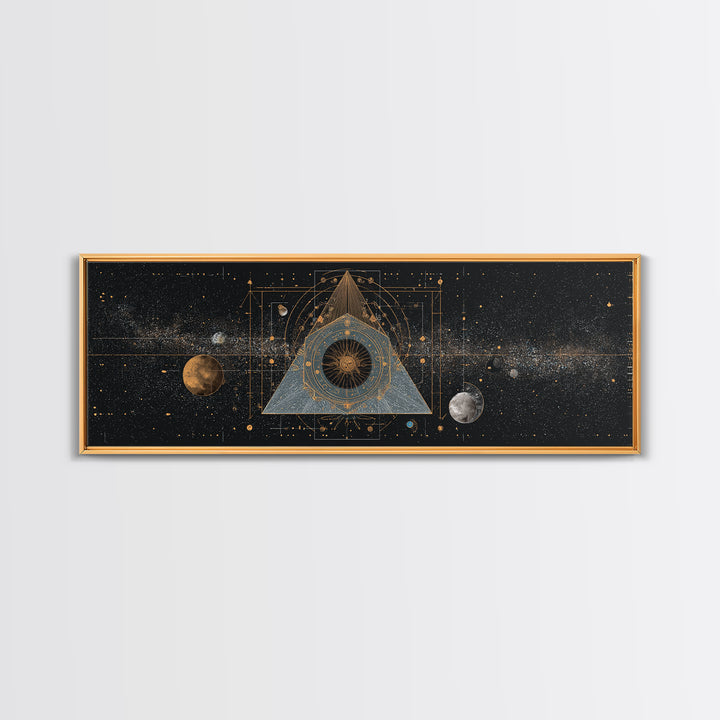 Mystic Planetary Triangle Framed Canvas Print, Gold Celestial Space Wall Art, Sacred Geometry Poster, Modern Home Decor Gift