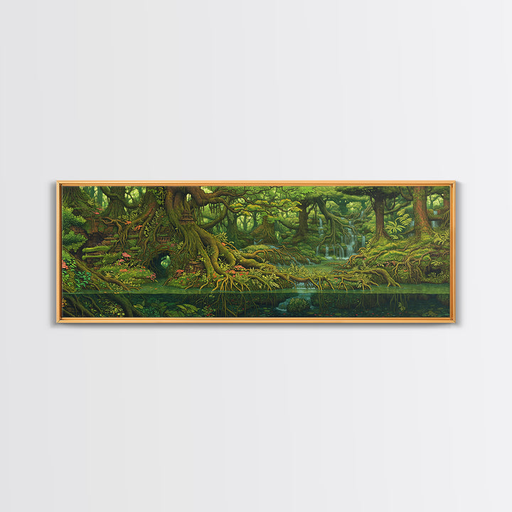 Ancient Jungle River Roots Wall Art, Lush Green Forest Canvas Print, Nature Scene Decor, Fantasy Landscape Home Decor Gift