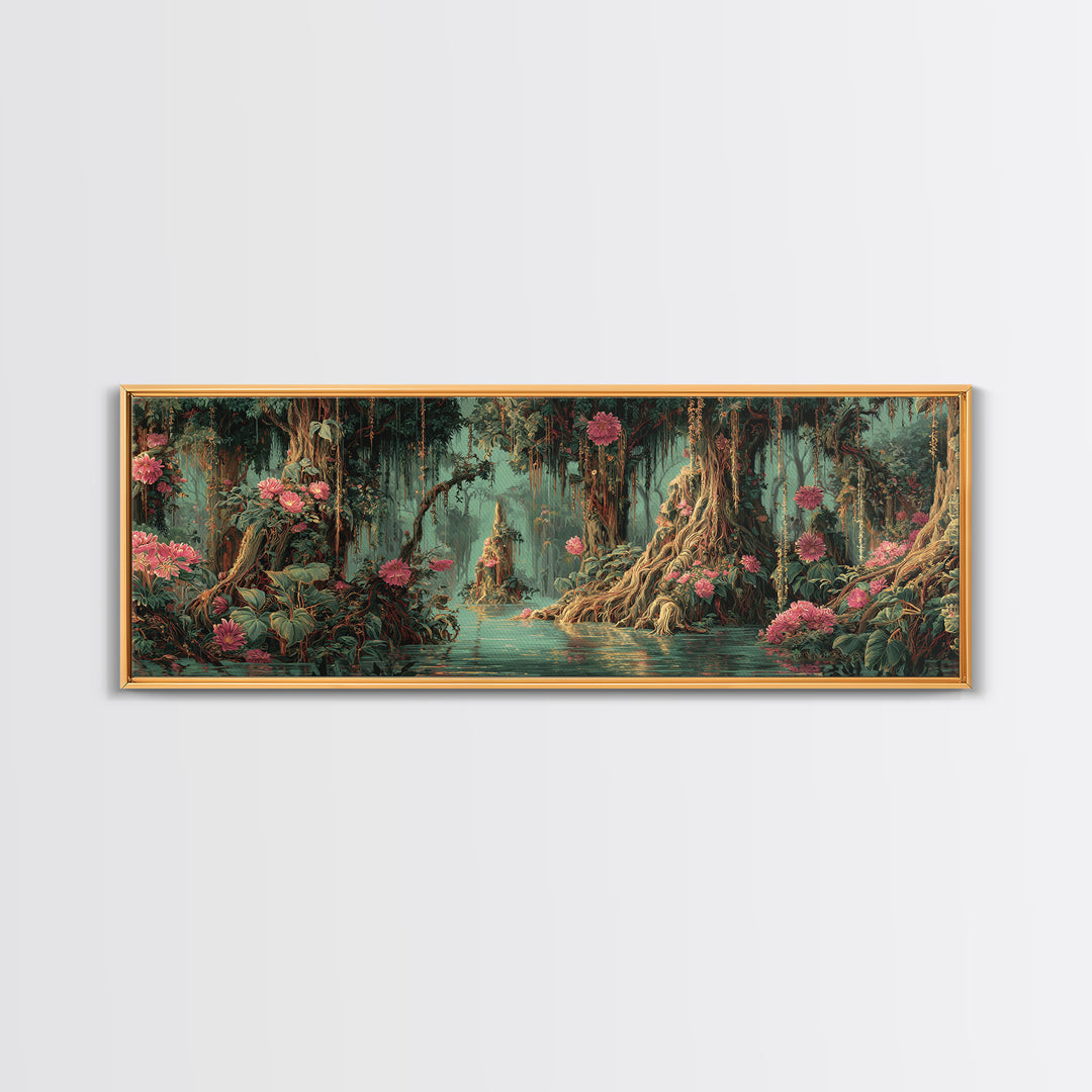 Enchanted Swamp With Pink Blooms Framed Canvas Print, Mystical Jungle Wall Art, Floral Nature Scene, Boho Home Decor Gift