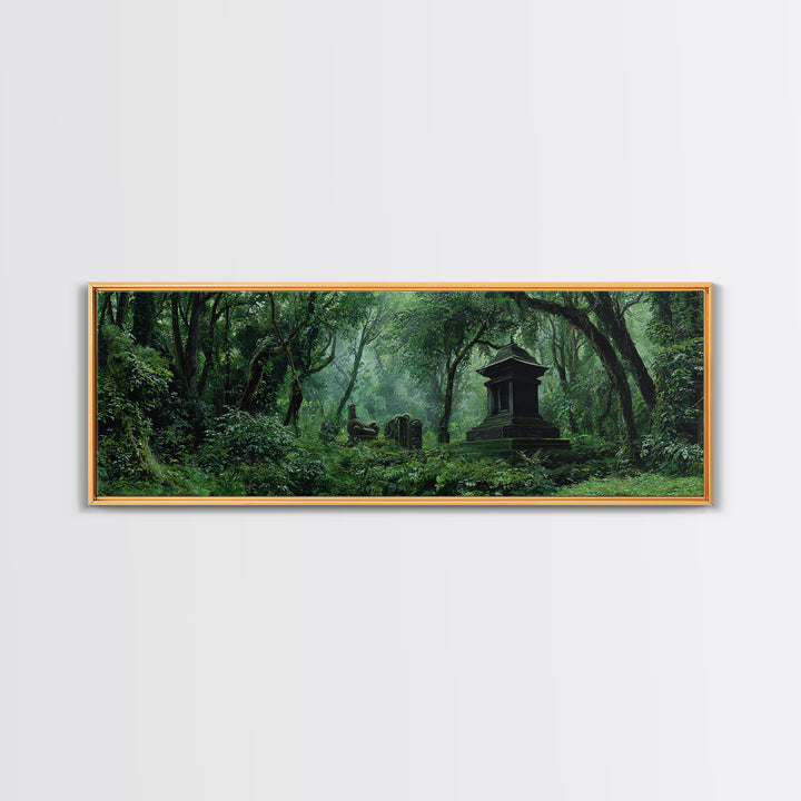 Ancient Jungle Tomb And Forest Ruins Framed Canvas Print, African Landscape, Mystical Wall Art, Dark Green Office Decor Gift