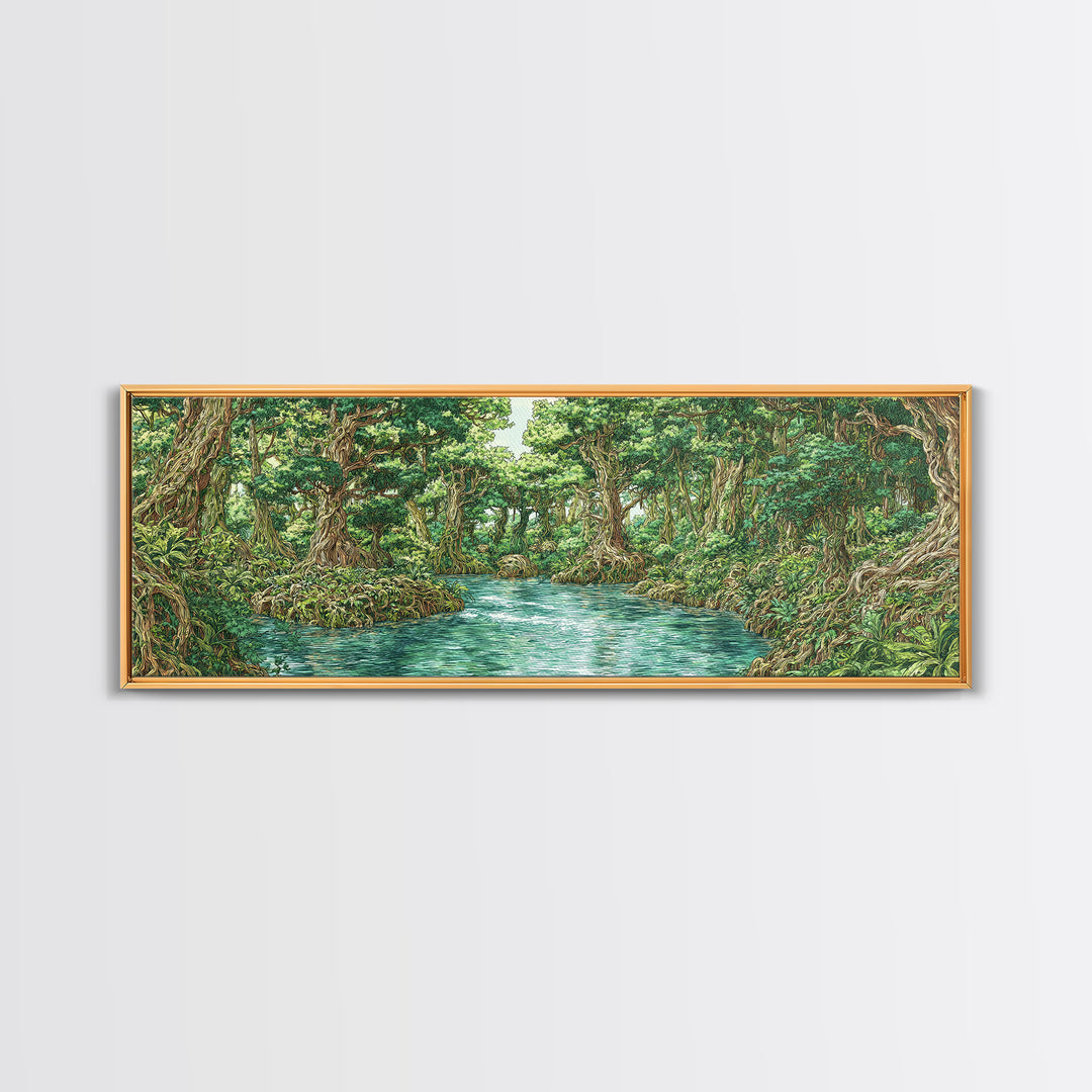 Turquoise River Through Lush African Jungle Canvas Print, Nature Scene Art, Safari Wall Decor, Green Boho Living Room Art