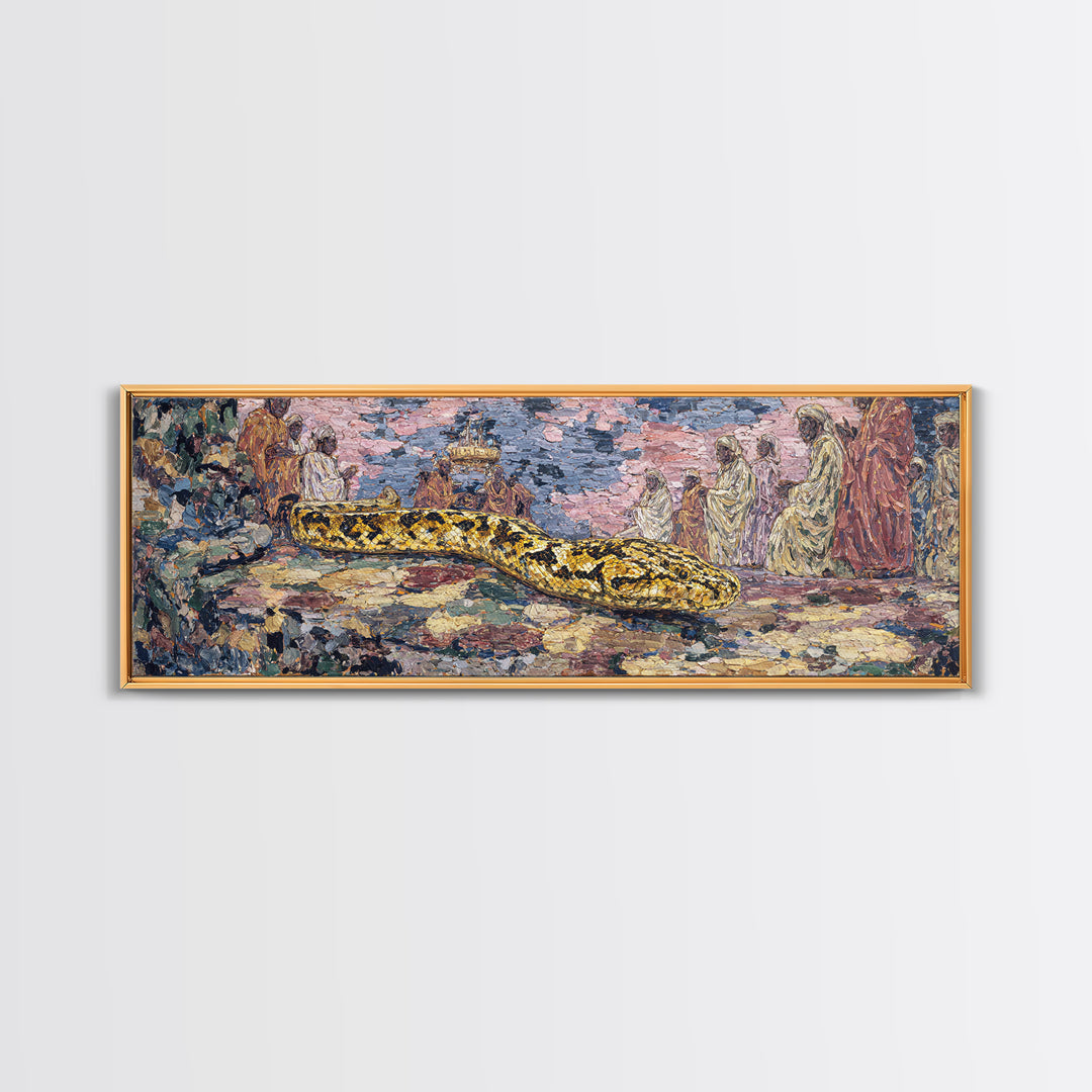 Golden Python Ceremony African Painting Canvas Print, Tribal Art Decor, Cultural Wall Art, Snake Portrait Statement Decor