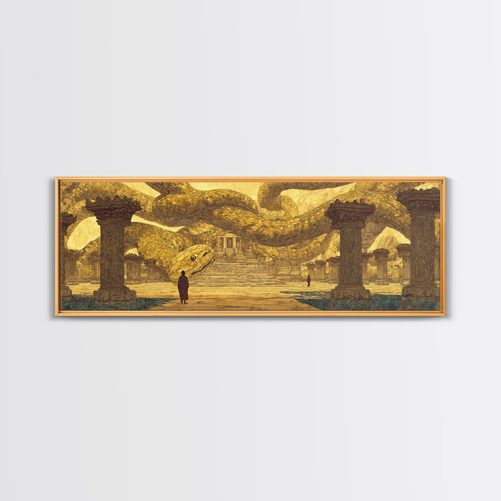 Ancient Golden Serpent Temple Wall Art, African Egyptian Art, Mythic Snake Decor, Luxury Canvas Print For Statement Room