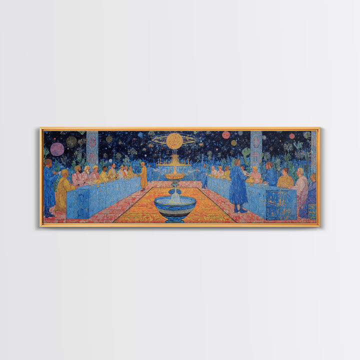 Celestial Banquet And Fountain Garden Canvas Print, African Inspired Wall Art, Dreamy Blue Celebration Decor Gift For Home