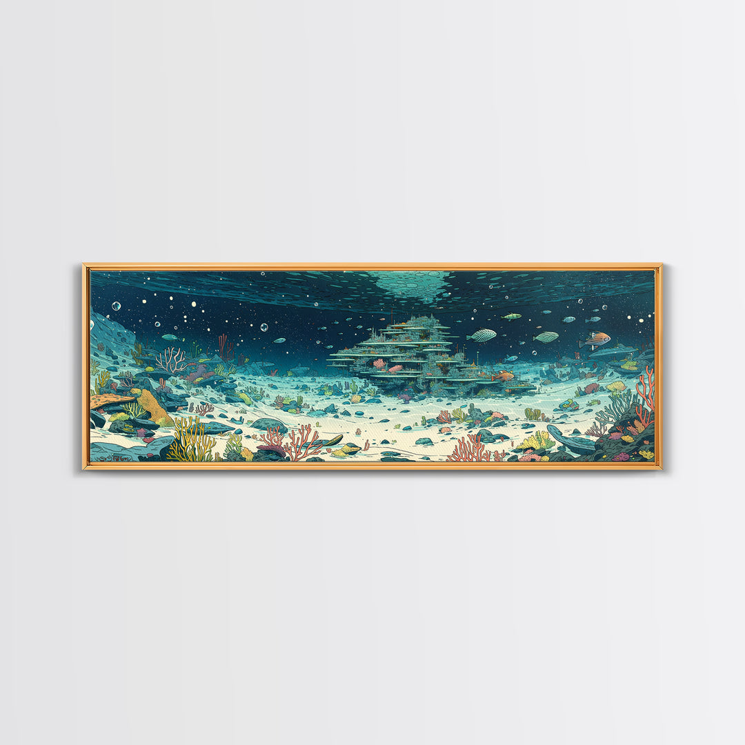 Underwater Coral Reef City With Fish Canvas Print, Ocean Wall Art, Beach Art, Blue Nature Scene, Coastal Home Decor Gift
