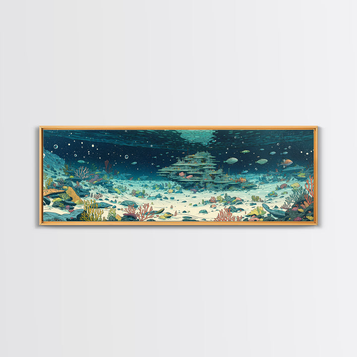 Underwater Coral Reef City With Fish Canvas Print, Ocean Wall Art, Beach Art, Blue Nature Scene, Coastal Home Decor Gift