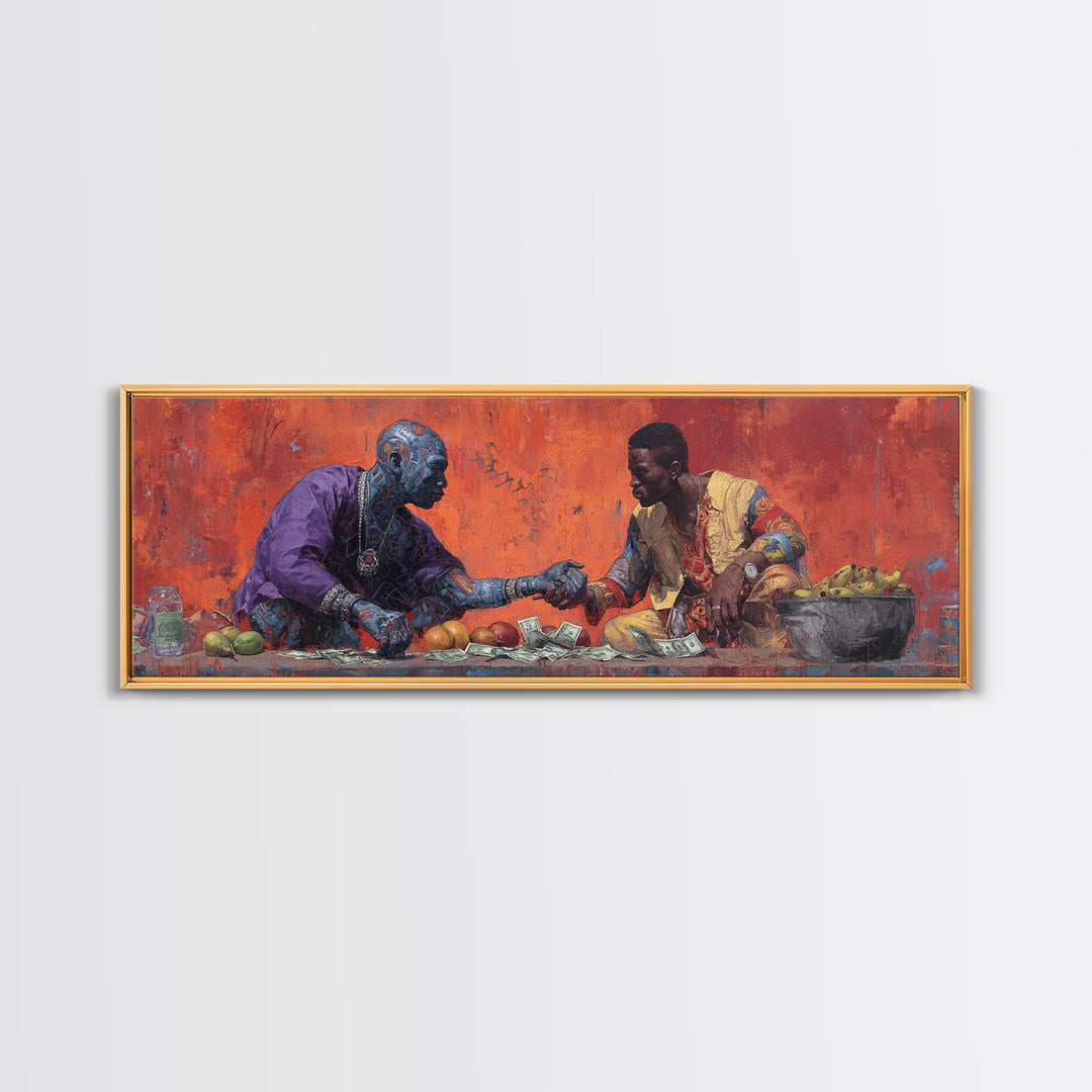 African Market Handshake Scene Canvas Print, African Wall Art, Cultural Art, Orange Painting, Afrocentric Home Decor Gift
