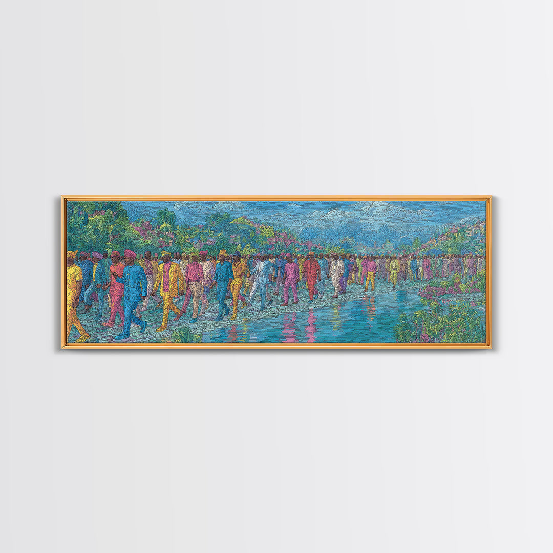 Colorful Riverside Crowd Abstract Wall Art, African Inspired Canvas Print, Modern Art, Vibrant Home Decor, Large Wall Art