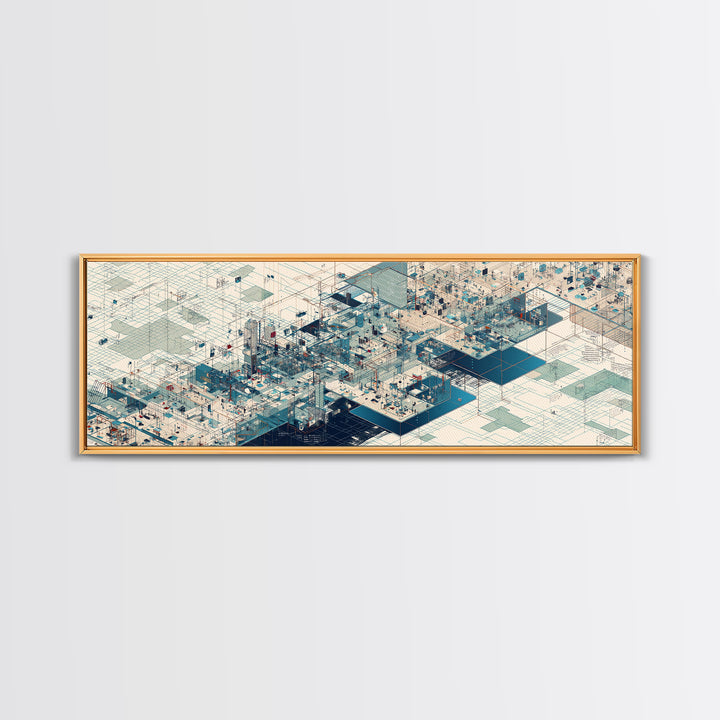 Isometric Futuristic City Grid Wall Art, Digital Art Canvas Print, Modern Office Decor, Geometric Wall Art, Tech Blue Art