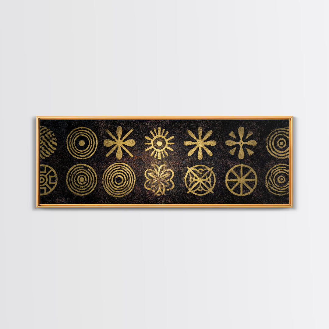 Gold Tribal Symbol Pattern Canvas Print, African Tribal Art, African Patterns, Black And Gold Art, Cultural Wall Decor, Boho Decor