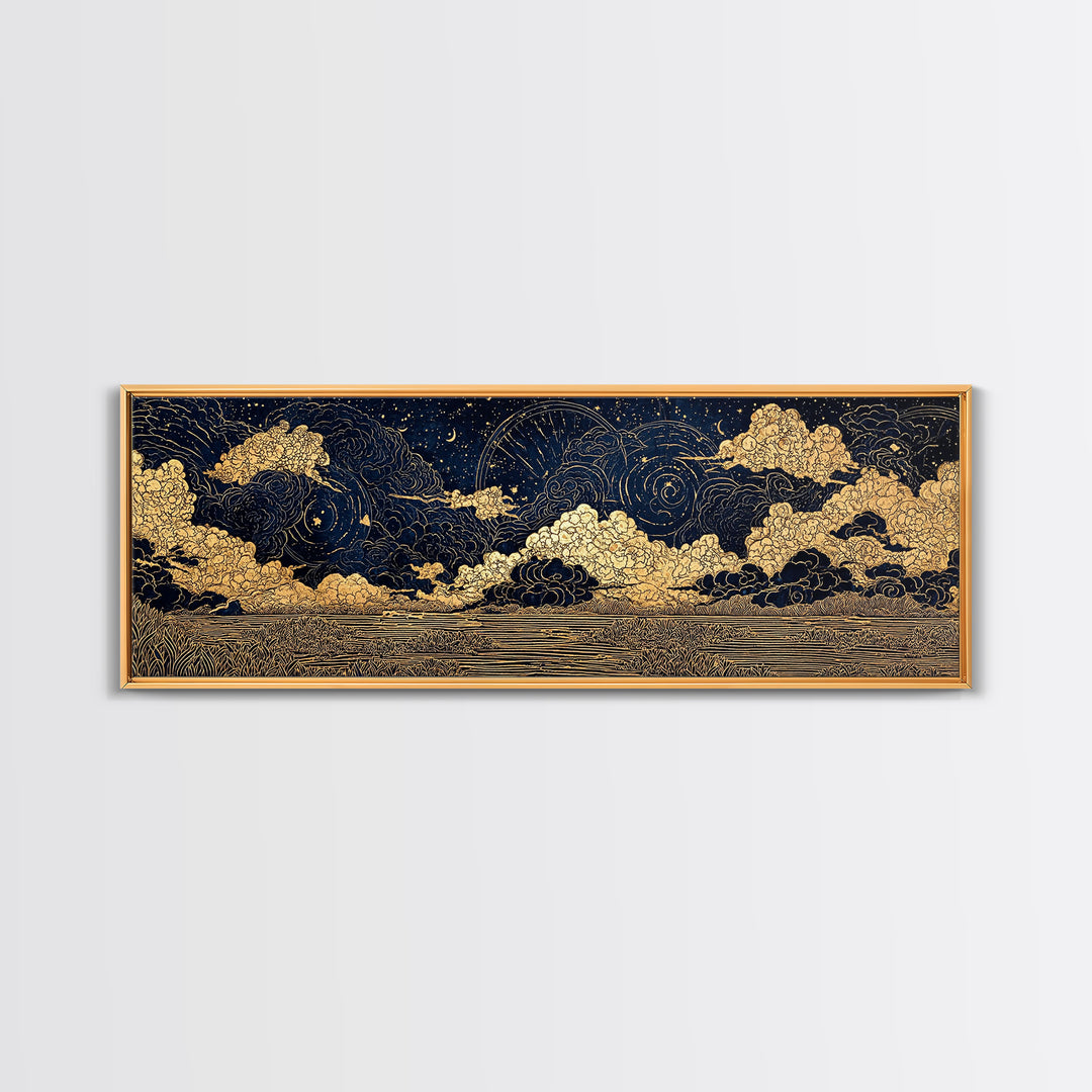 Gold Line Celestial Clouds Over Water Wall Art, African Abstract, Spiritual Wall Art, Mystical Wall Art, Black And Gold Art Decor
