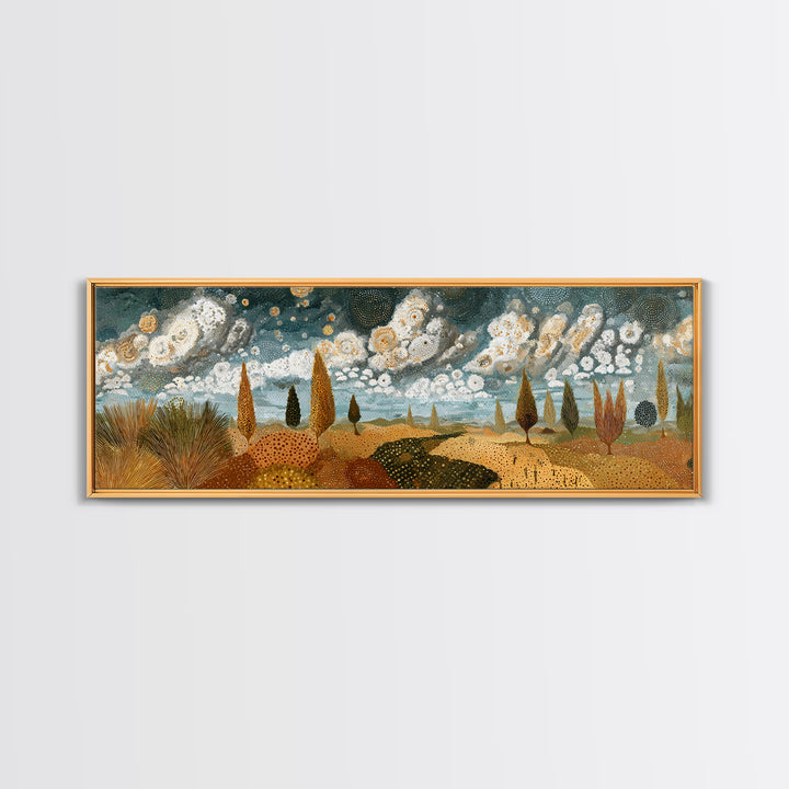 Golden African Savanna Hills Wall Art, Abstract Storm Cloud Landscape, Earth Tone Canvas Decor, Boho Living Room Art Print