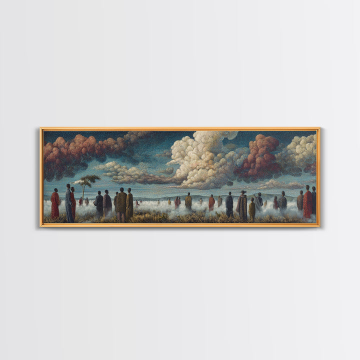 Misty African Gathering Wall Art, Dramatic Cloud Lake Landscape, Afrocentric Canvas Decor, Cultural Living Room Print Gift