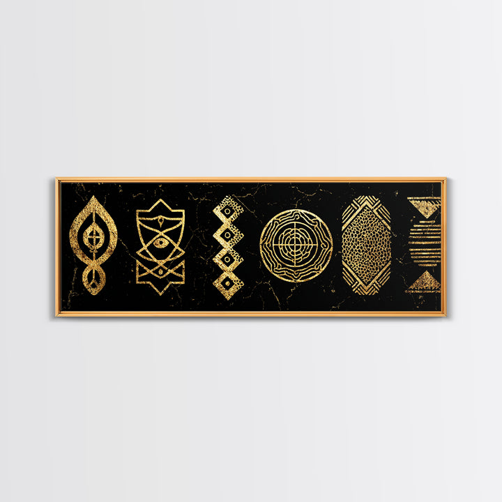 Gold Tribal Symbols Canvas Print, African Geometric Pattern Wall Decor, Abstract Black And Gold Art, Modern Ethnic Decor