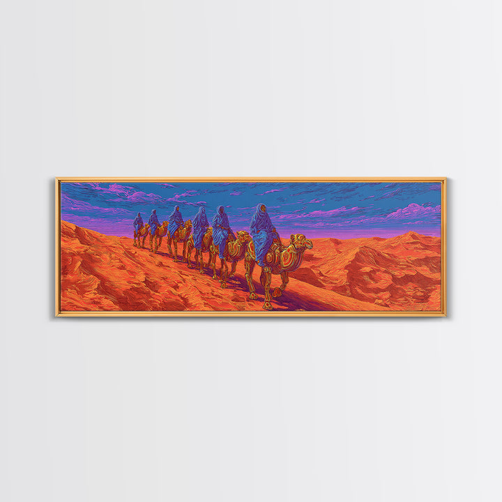 Vibrant Camel Caravan In Orange Desert Mountains, African Safari Art Canvas Print, Serengeti Wall Decor, Travel Gift, Unique Home Decor
