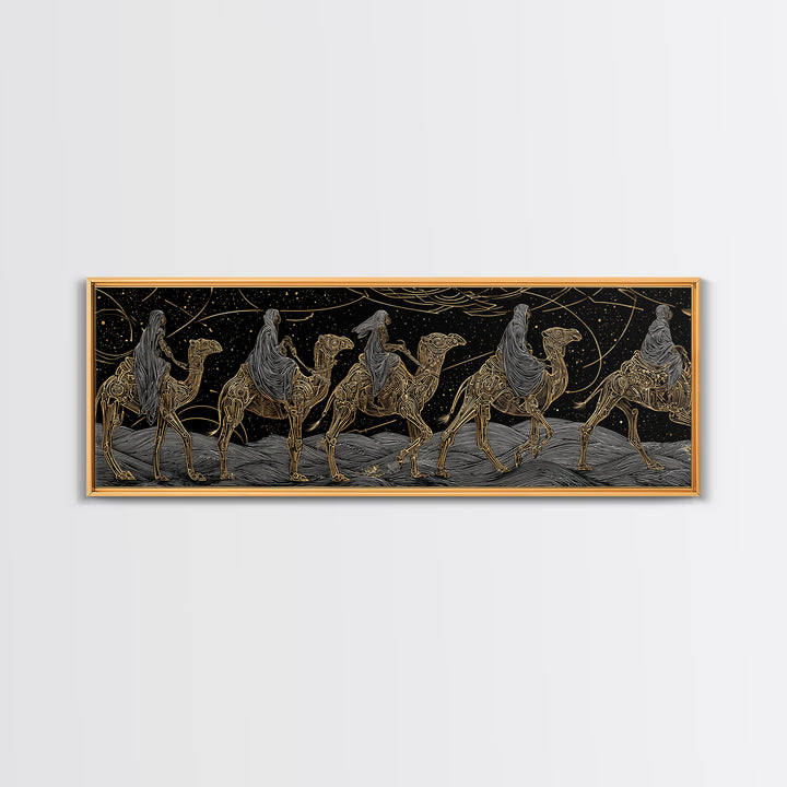 Gold Line Camel Caravan Under Celestial Night, African Safari Art Canvas Print, Black And Gold Art, Bohemian Wall Decor Gift