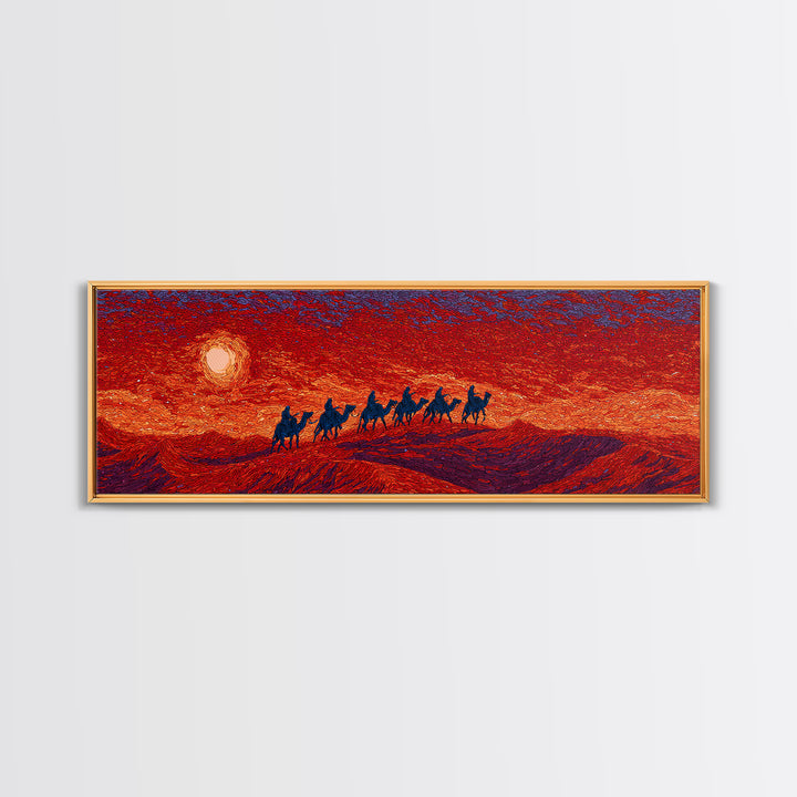 Fiery Sunset Camel Caravan Silhouettes Over Dunes, African Safari Art Canvas Print, Burnt Orange Wall Decor, Travel Gift