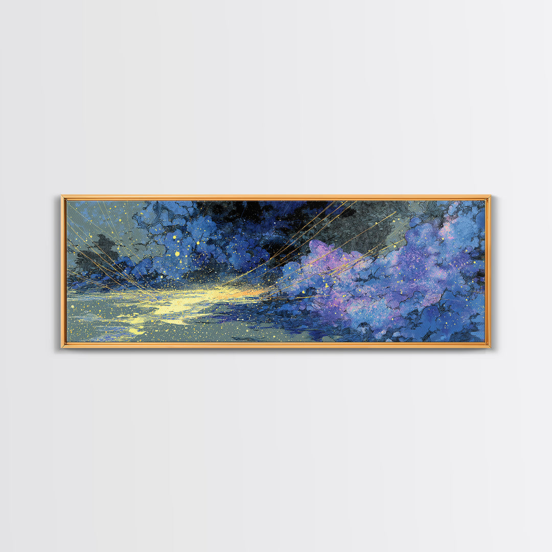 Blue Gold Cosmic Waves With Starry Light, African Abstract Wall Art, Modern Canvas Art, Dreamy Wall Decor, Luxury Home Decor