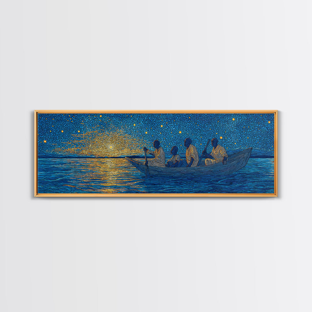 Golden Sunset Canoe Fishermen Wall Art, African Safari Art Print, Blue Lake Landscape, Serene Bedroom Canvas Home Decor Gift