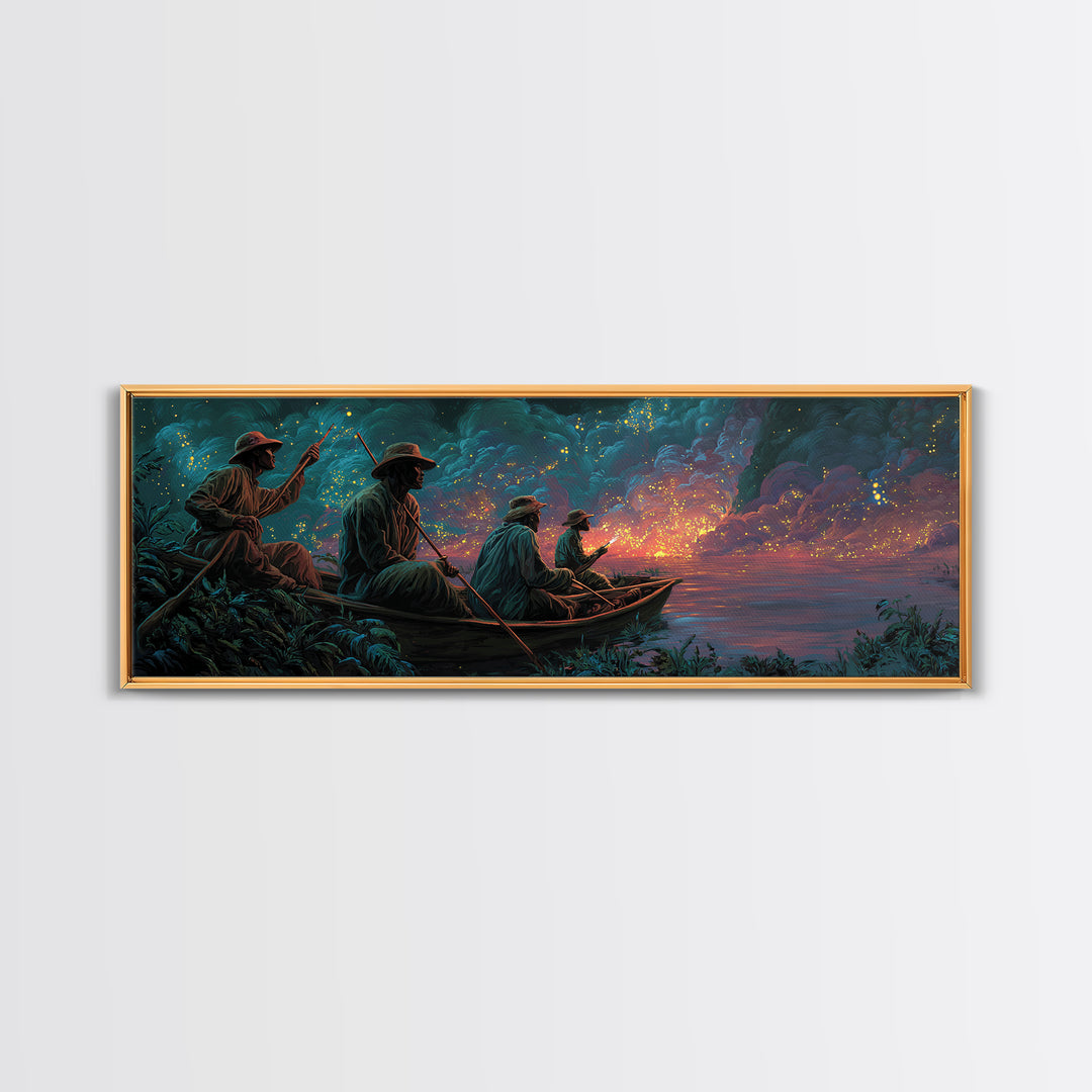 Stormy River Fishermen At Twilight Framed Canvas Print, African Landscape Wall Decor, Moody Safari Art, Unique Home Decor