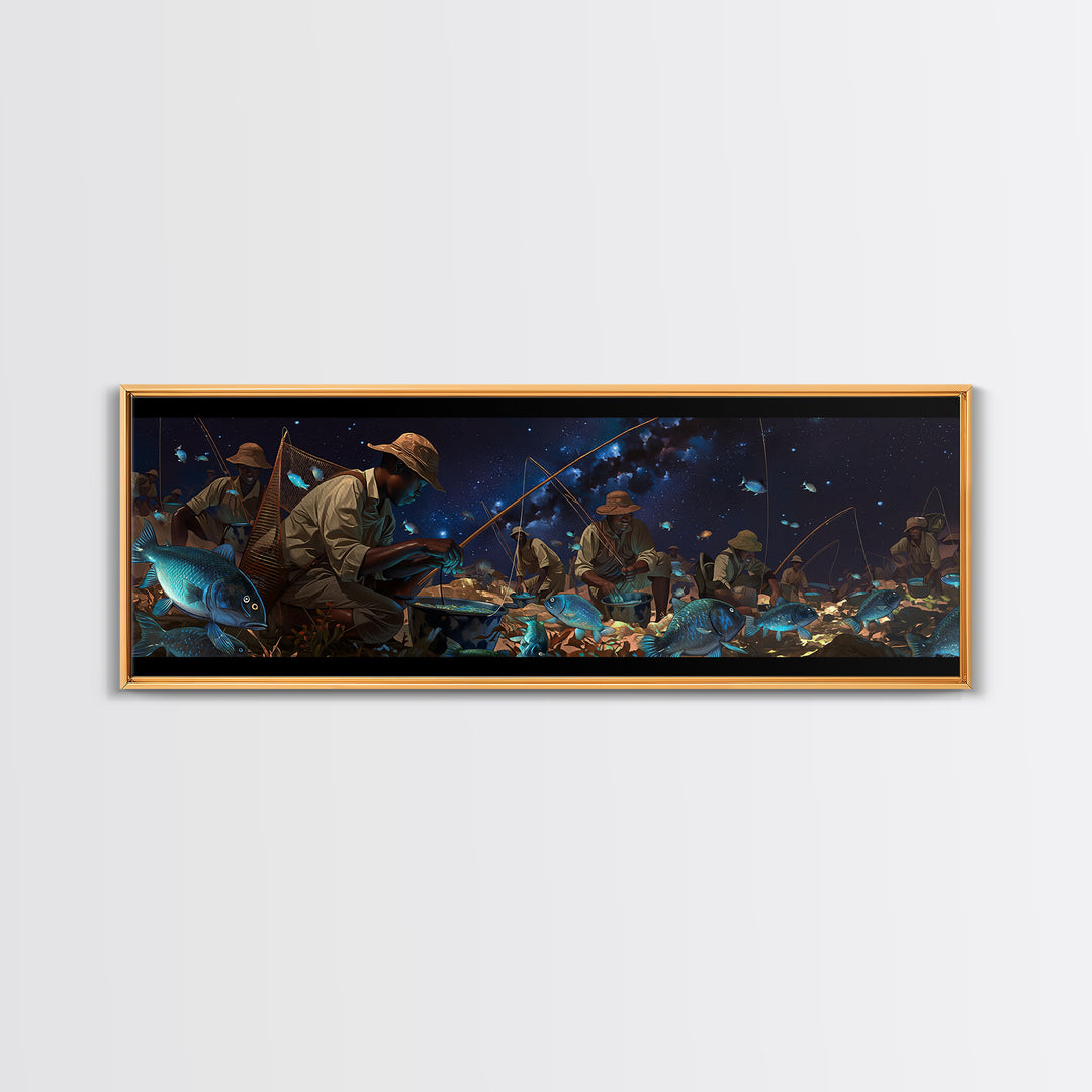 Glowing Blue Fish Night Market Canvas Print, African Fishermen Wall Art, Afrofuturism Decor, Contemporary Gallery Art Gift