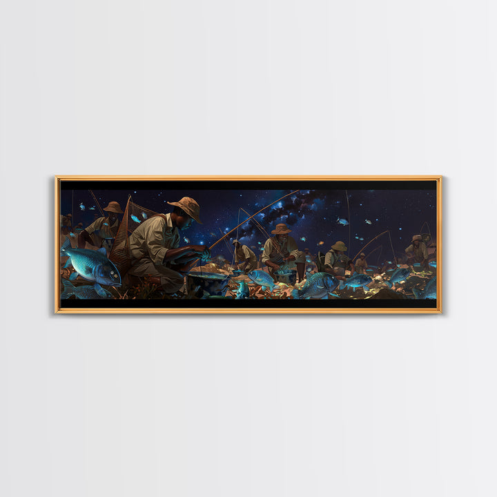Glowing Blue Fish Night Market Canvas Print, African Fishermen Wall Art, Afrofuturism Decor, Contemporary Gallery Art Gift