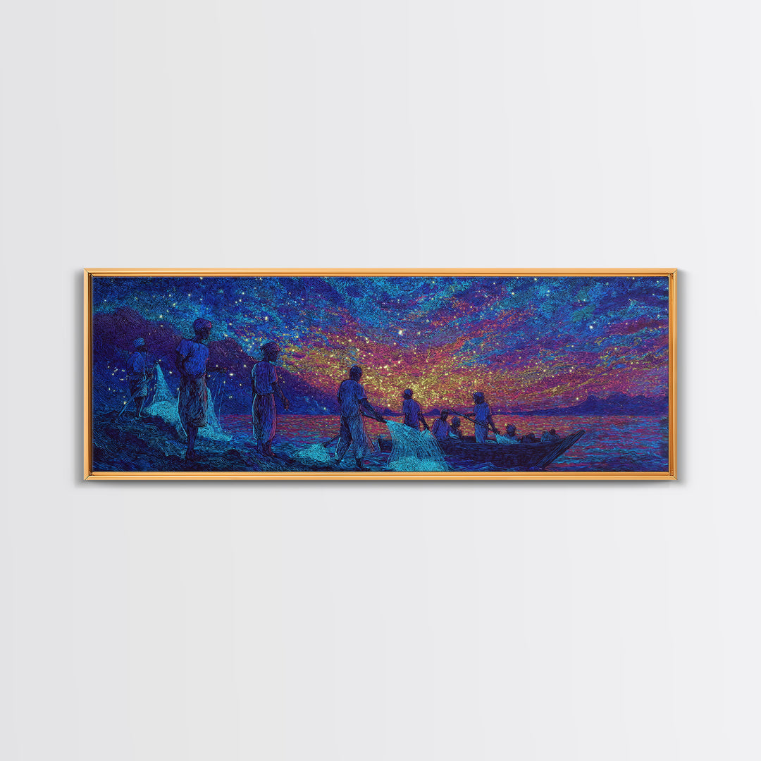 Stargazing Fishermen At Shore Canvas Print, African Wall Art, Vibrant Blue Purple Night, Afrocentric Unique Home Decor Gift
