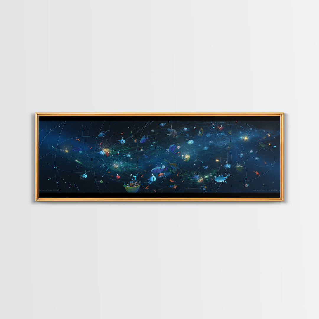 Cosmic Ocean Fish And Nets Wall Art, Dreamy Canvas Print, African Inspired Underwater Scene, Modern Blue Home Decor Gift